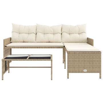 L-Shaped Garden Sofa with Table & Cushions - Beige Poly Rattan