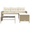 L-Shaped Garden Sofa with Table & Cushions - Beige Poly Rattan