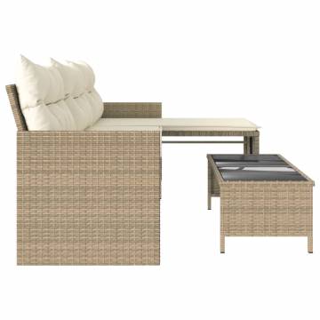 L-Shaped Garden Sofa with Table & Cushions - Beige Poly Rattan