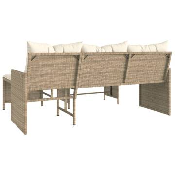 L-Shaped Garden Sofa with Table & Cushions - Beige Poly Rattan