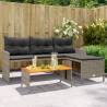 L-Shaped Garden Sofa with Table & Cushions - Grey Poly Rattan