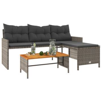 L-Shaped Garden Sofa with Table & Cushions - Grey Poly Rattan