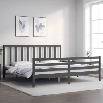 Grey Bed Frame with Headboard 200x200 cm | Solid Wood