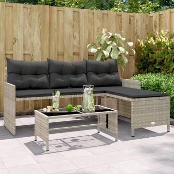 Light Grey L-Shaped Garden Sofa with Table & Cushions