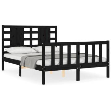 Solid Wood Black Bed Frame with Headboard - 140x200 cm