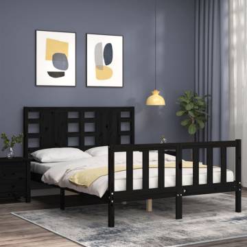 Solid Wood Black Bed Frame with Headboard - 140x200 cm