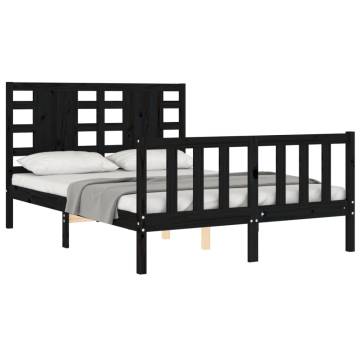 Solid Wood Black Bed Frame with Headboard - 140x200 cm