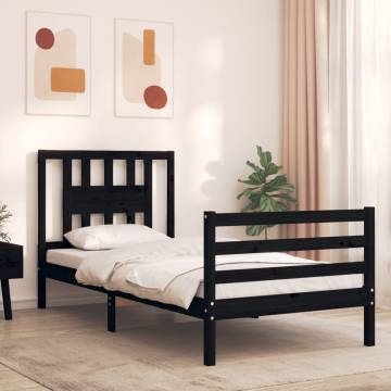 Black Bed Frame with Headboard - 100x200 cm Solid Wood