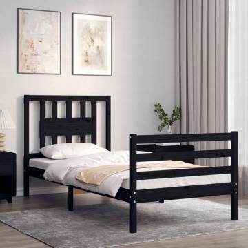 Black Bed Frame with Headboard - 100x200 cm Solid Wood