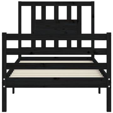 Black Bed Frame with Headboard - 100x200 cm Solid Wood