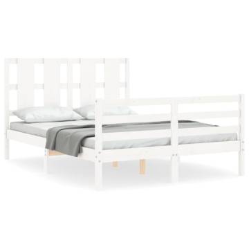 Stylish White Bed Frame with Headboard - 140x190 cm Solid Wood