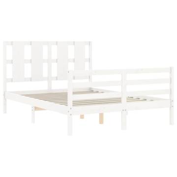 Stylish White Bed Frame with Headboard - 140x190 cm Solid Wood