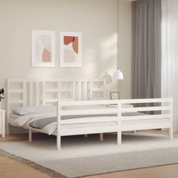 White 200x200 cm Solid Wood Bed Frame with Headboard