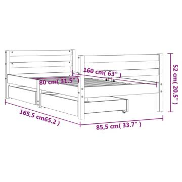 Kids Bed Frame with Drawers Black - Solid Pine Wood 80x160 cm