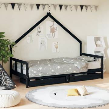 Kids Bed Frame with Drawers - Black Solid Pine 90x190 cm