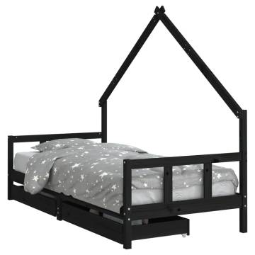 Kids Bed Frame with Drawers - Black Solid Pine 90x190 cm