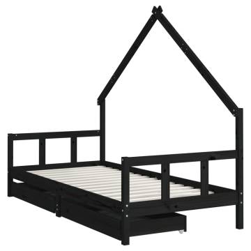 Kids Bed Frame with Drawers - Black Solid Pine 90x190 cm