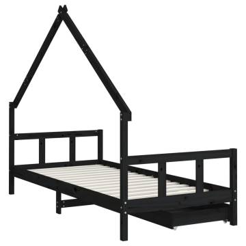 Kids Bed Frame with Drawers - Black Solid Pine 90x190 cm