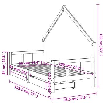 Kids Bed Frame with Drawers - Black Solid Pine 90x190 cm