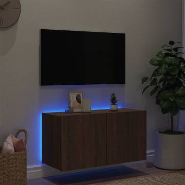 Stylish TV Wall Cabinet with LED Lights in Brown Oak | Shop Now