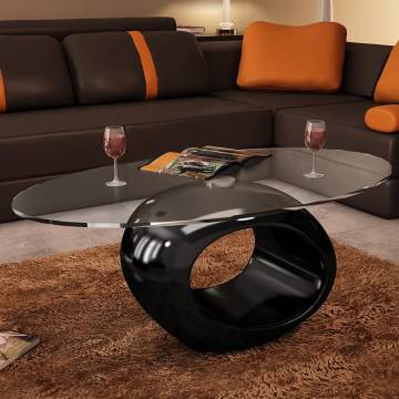 Modern Coffee Table with Oval Glass Top - High Gloss Black