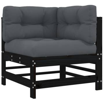 Black Corner Sofa with Cushions - Solid Pine Wood