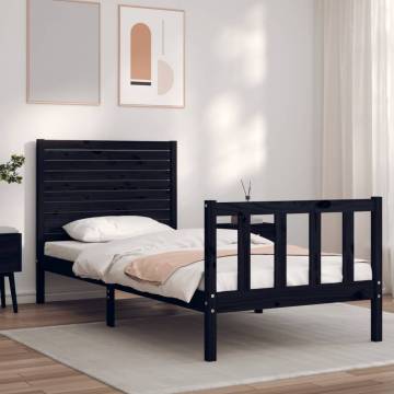 Black Single Bed Frame with Headboard - Solid Pine Wood