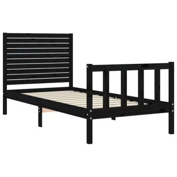 Black Single Bed Frame with Headboard - Solid Pine Wood