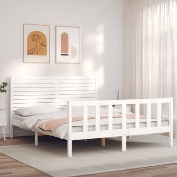 White King Size Bed Frame with Headboard - Solid Wood