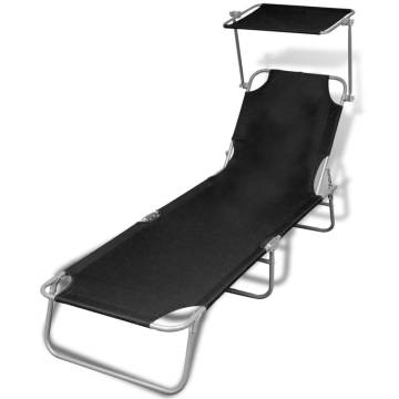 Folding Sun Lounger with Canopy - Black | Hipomarket UK