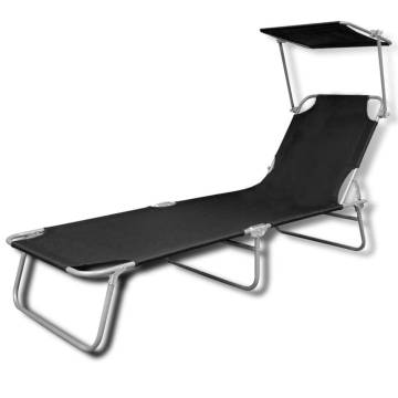 Folding Sun Lounger with Canopy - Black | Hipomarket UK