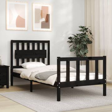 Black Bed Frame with Headboard 90x200 cm - Solid Wood