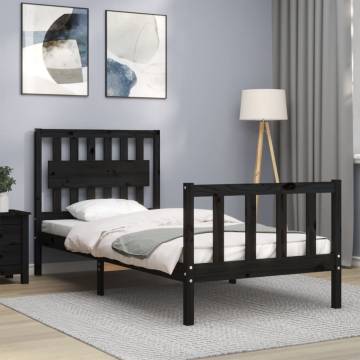 Black Bed Frame with Headboard 90x200 cm - Solid Wood