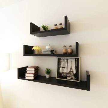 3 Black MDF U-shaped Floating Wall Display Shelves - Stylish Storage