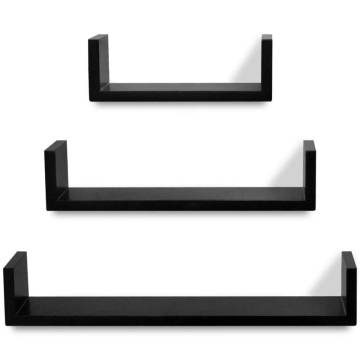 3 Black MDF U-shaped Floating Wall Display Shelves - Stylish Storage