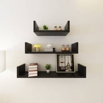 3 Black MDF U-shaped Floating Wall Display Shelves - Stylish Storage