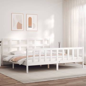 Stylish White Bed Frame with Headboard - 200x200 cm Solid Wood