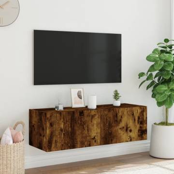 Stylish TV Wall Cabinet with LED Lights - Smoked Oak 100x35x31 cm