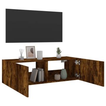 Stylish TV Wall Cabinet with LED Lights - Smoked Oak 100x35x31 cm