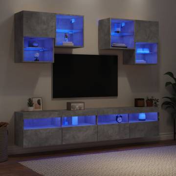 6 Piece TV Wall Cabinet Set with LED Lights - Concrete Grey