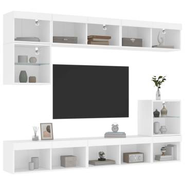 8 Piece TV Wall Units with LED - White Engineered Wood