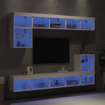 8 Piece TV Wall Units with LED - White Engineered Wood