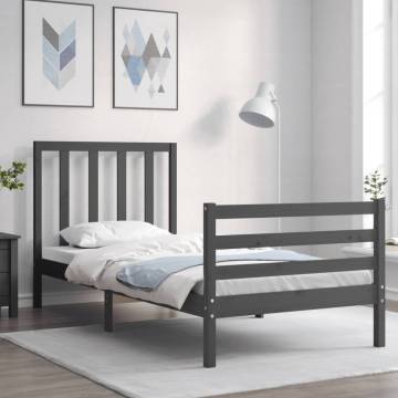 Grey Bed Frame with Headboard 90x200 cm - Solid Wood