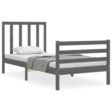 Grey Bed Frame with Headboard 90x200 cm - Solid Wood