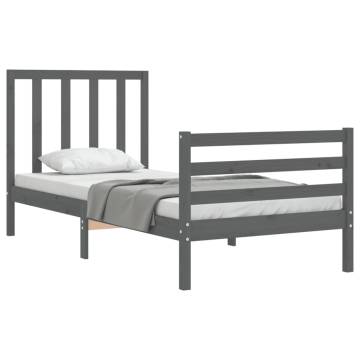 Grey Bed Frame with Headboard 90x200 cm - Solid Wood