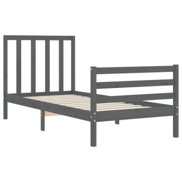 Grey Bed Frame with Headboard 90x200 cm - Solid Wood