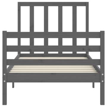 Grey Bed Frame with Headboard 90x200 cm - Solid Wood