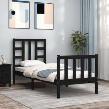 Black Small Single Bed Frame with Headboard | Solid Wood