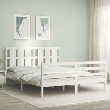 Solid Wood King Size Bed Frame with Headboard - White