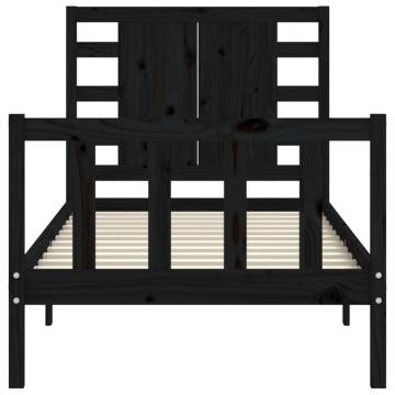 Black Small Single Bed Frame with Headboard - Solid Wood